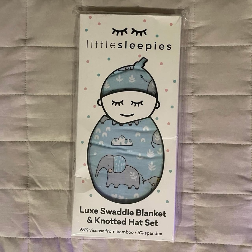 🐘 Little Sleepies Blue Elephant Snuggles Swaddle Blanket & Hat Set NEW RETIRED